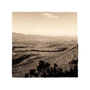 A photograph with a white border of a landscape sprawled out in a valley.